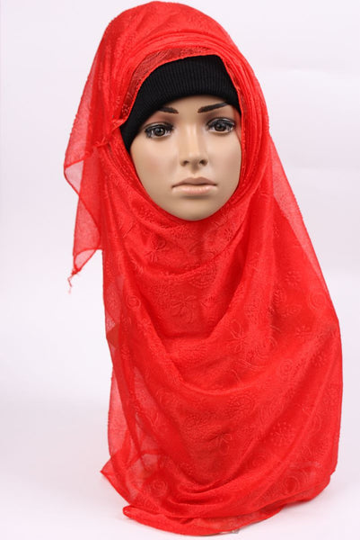 Solid Red Embroidered Hijab