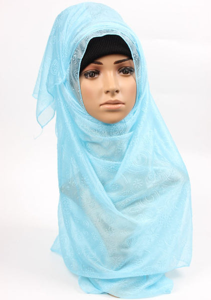 Solid Light Blue Embroidered Hijab