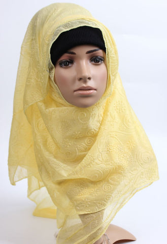 Solid Light Yellow Embroidered Hijab
