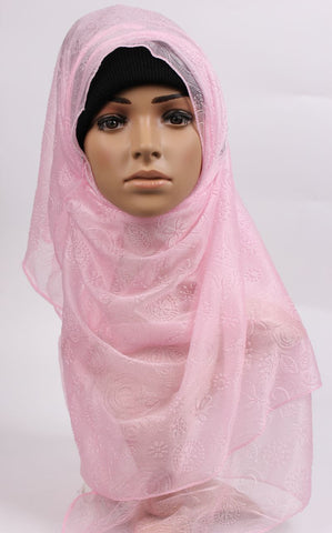Solid Light Pink Embroidered Hijab
