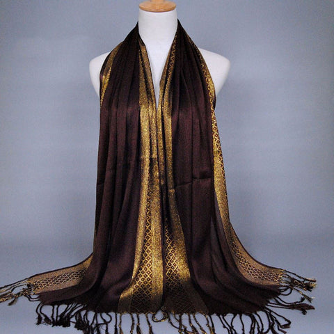 Brown and Gold Shimmering Stripe Tasseled Hijab