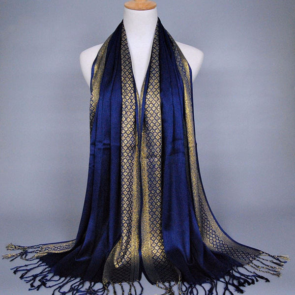 Navy and Gold Shimmering Stripe Tasseled Hijab