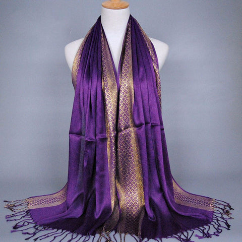 Purple and Gold Shimmering Stripe Tasseled Hijab