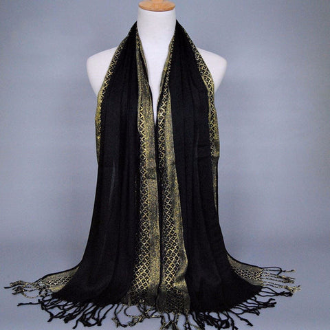 Black and Gold Shimmering Stripe Tasseled Hijab