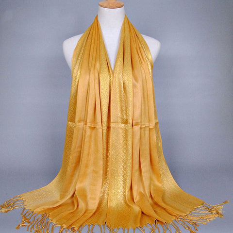 Yellow and Gold Shimmering Stripe Tasseled Hijab