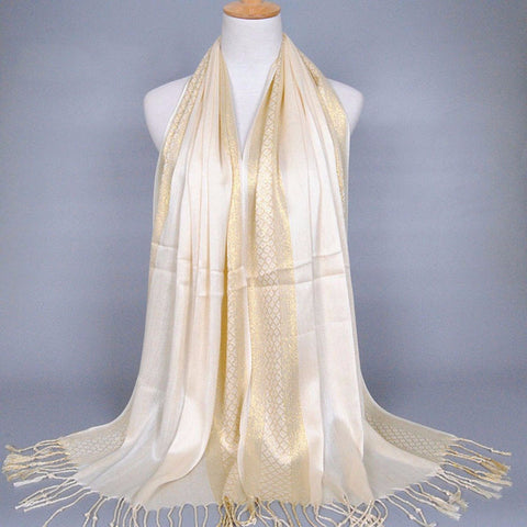 Off-White and Gold Shimmering Stripe Tasseled Hijab