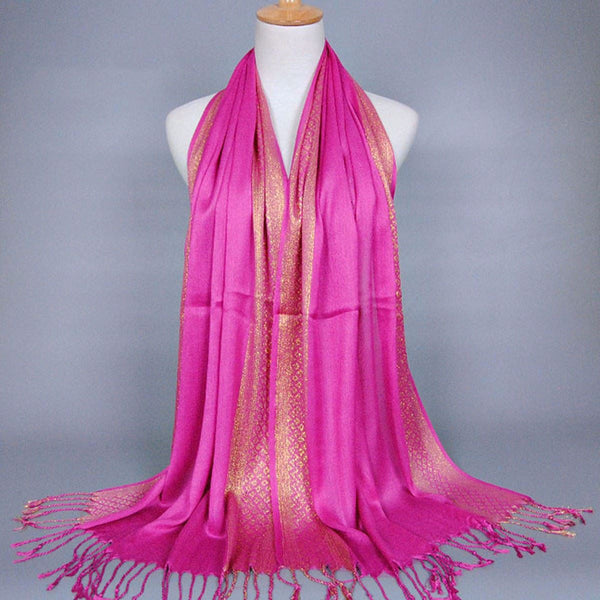 Fuschia and Gold Shimmering Stripe Tasseled Hijab