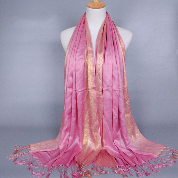 Pink and Gold Shimmering Stripe Tasseled Hijab