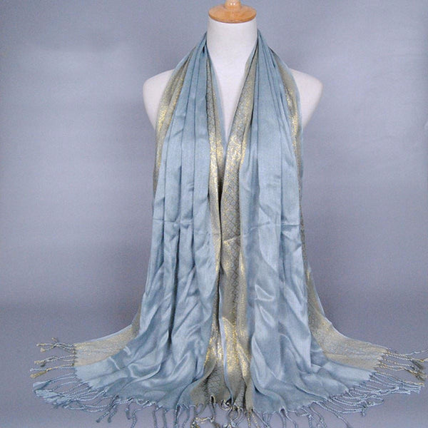 Light Blue and Gold Shimmering Stripe Tasseled Hijab