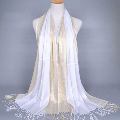 White and Gold Shimmering Stripe Tasseled Hijab