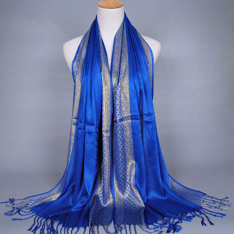 Blue and Gold Shimmering Stripe Tasseled Hijab